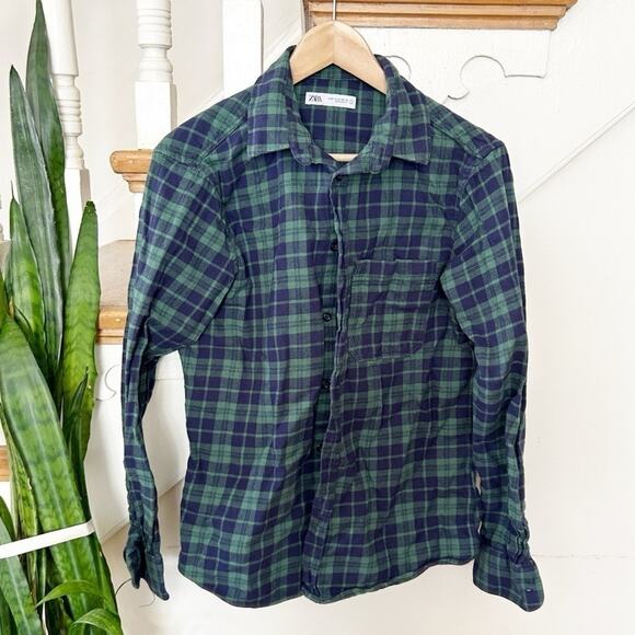 Zara Tops - Zara Green Blue Plaid Cotton Button-Down Long Sleeves Collared Shirt Size M
